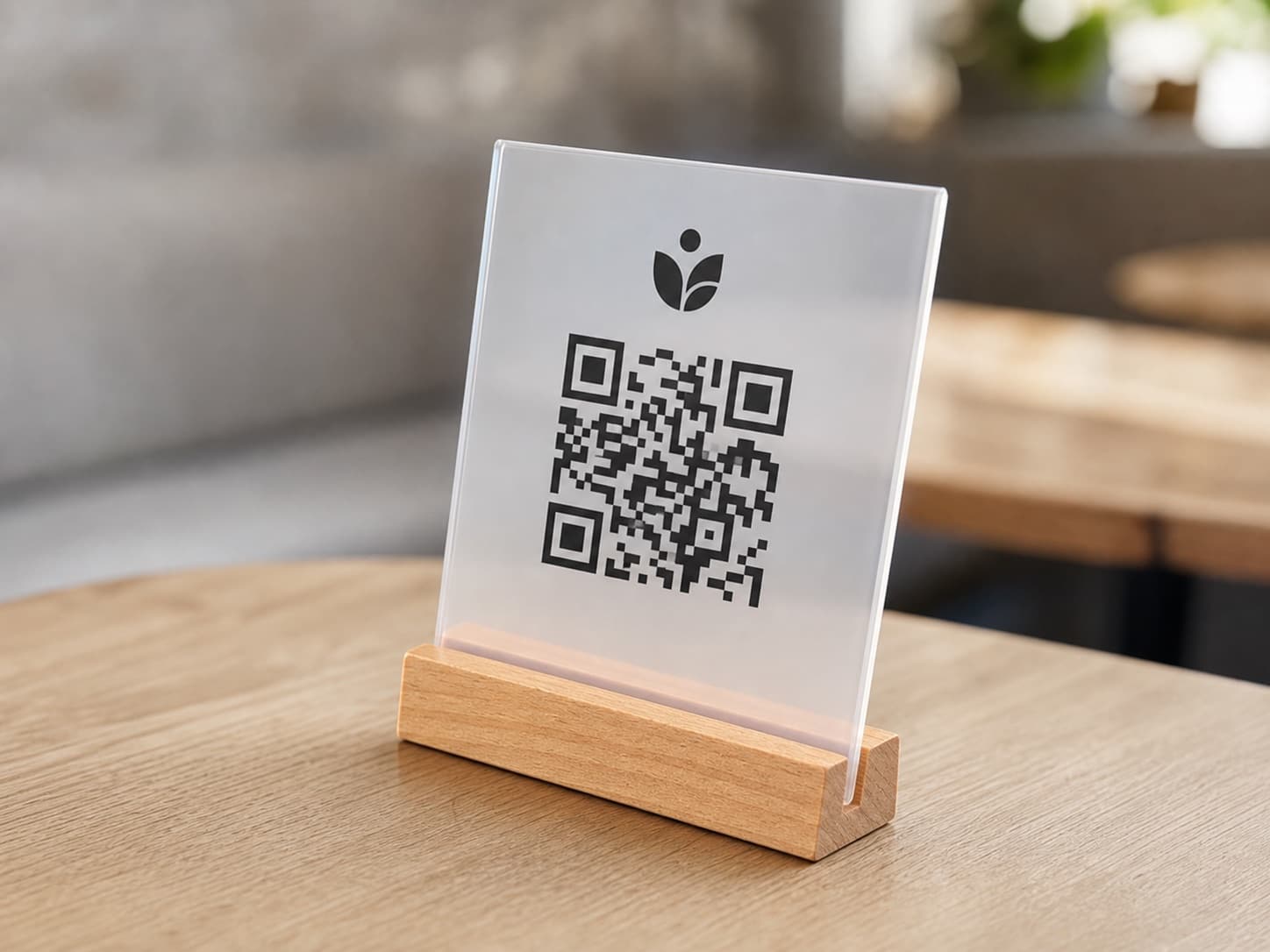 Soporte de madera con placa para código QR de restaurante
